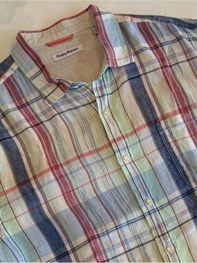 Tommy Bahama Plaid Button Front Shirt XL Short Sleeve Linen Blend Coastal